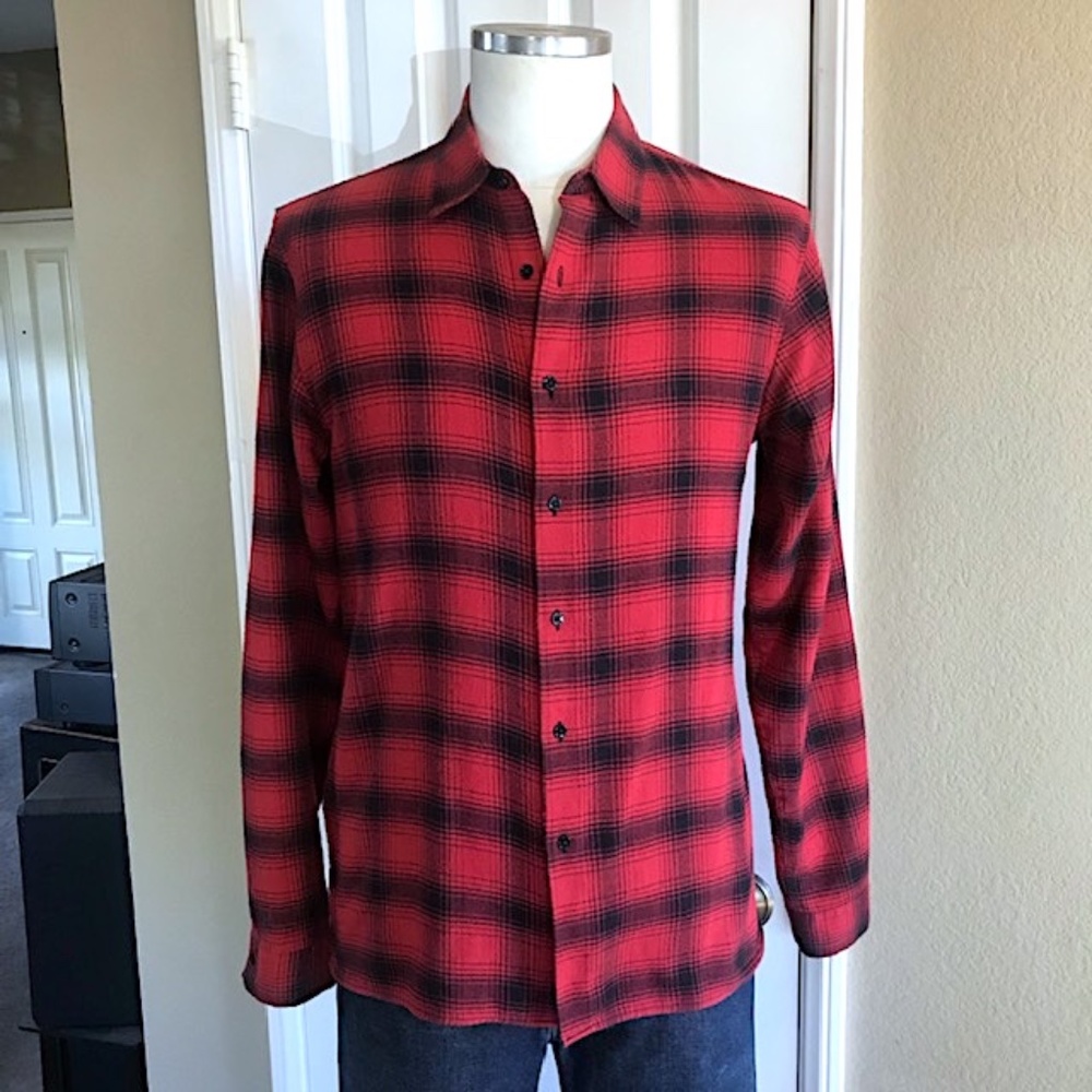 SANDRO Slim-Fit Shadow Plaid Flannel Long-Sleeve Button-Up Shirt EUC/sz: M